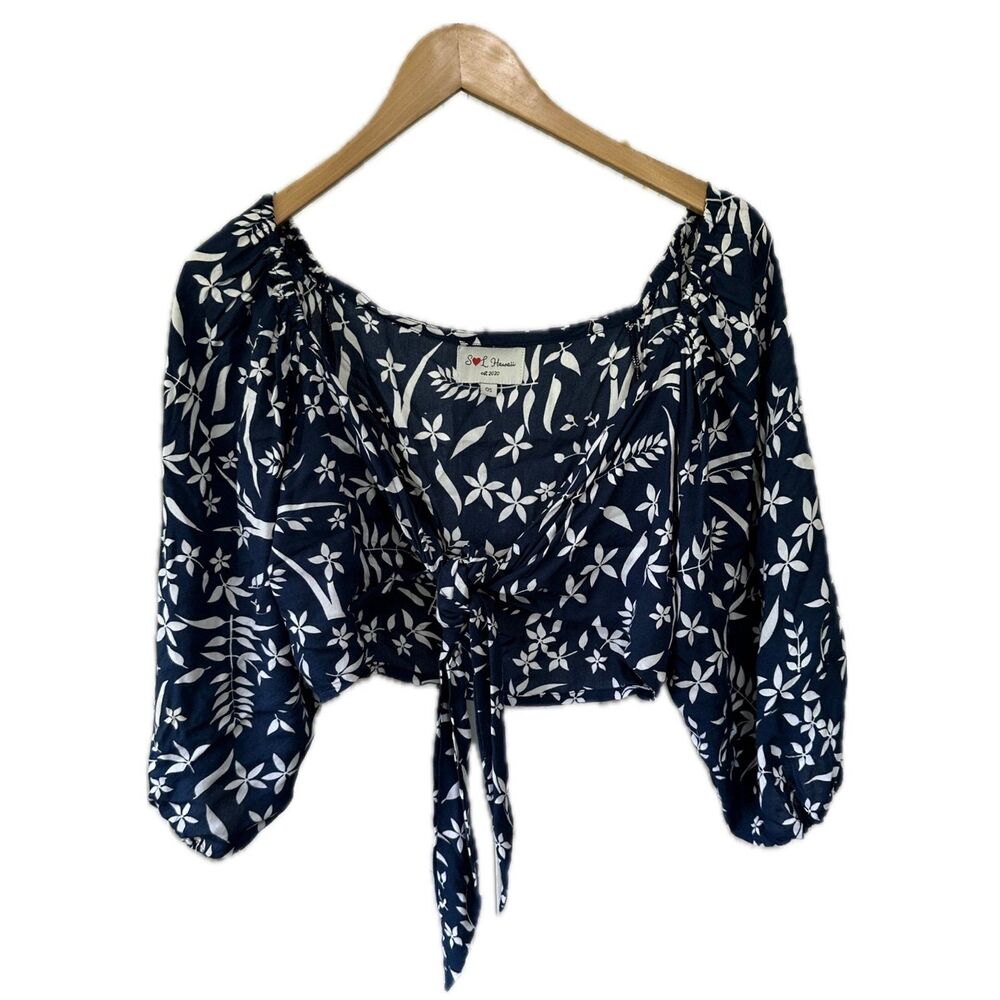 SL Hawaii Hawaiian Balloon Sleeves On Off Shoulder Crop Self Tie Wrap Top OS